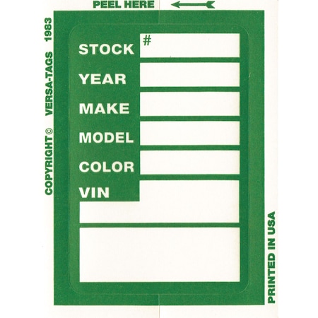 Car Dealer Depot Versa-Tag Kleer-Bak Stock Stickers, 3" X 4", 100 Per Box: Green Pk 423-G